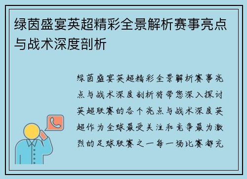 绿茵盛宴英超精彩全景解析赛事亮点与战术深度剖析